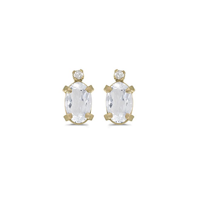 14k Yellow Gold Oval White Topaz And Diamond Earrings