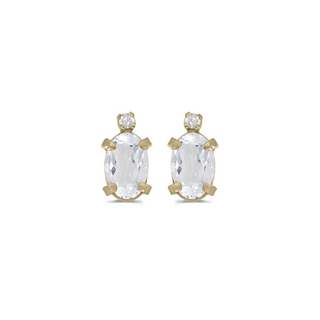 14k Yellow Gold Oval White Topaz And Diamond Earrings