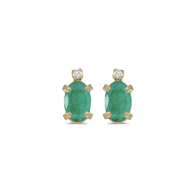 14k Yellow Gold Oval Emerald And Diamond Earrings