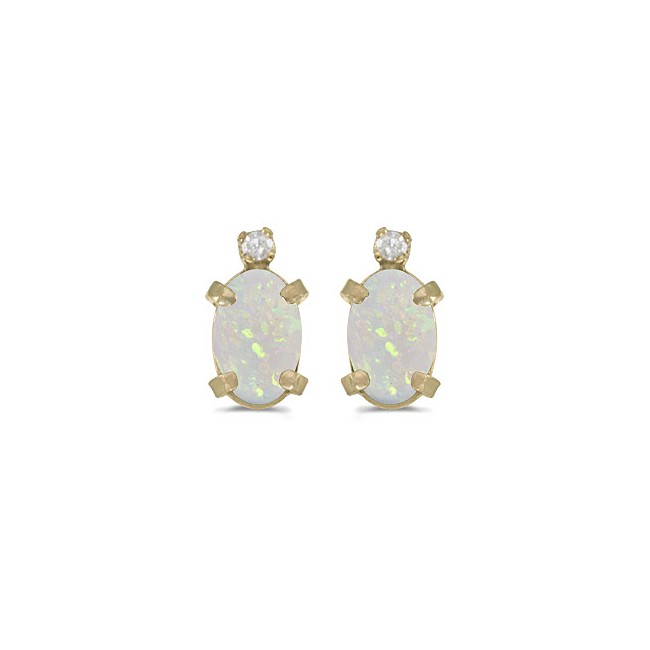 14k Yellow Gold Oval Opal And Diamond Earrings