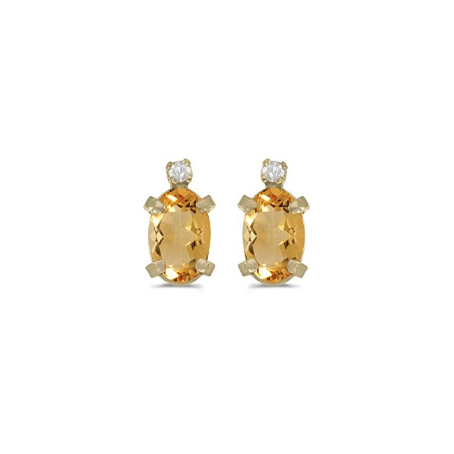 14k Yellow Gold Oval Citrine And Diamond Earrings