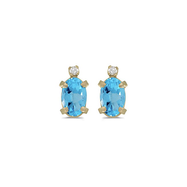 14k Yellow Gold Oval Blue Topaz And Diamond Earrings