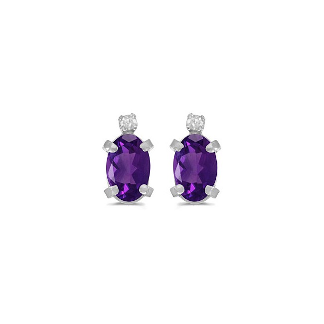 14k White Gold Oval Amethyst And Diamond Earrings