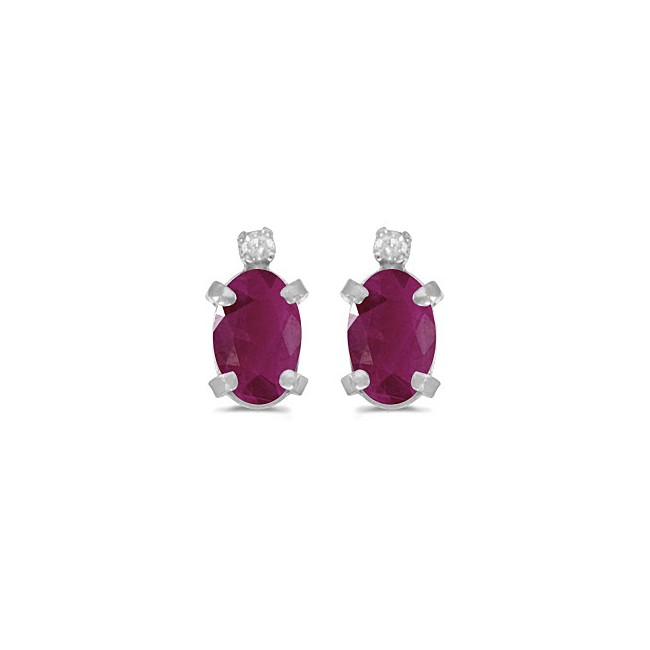 14k White Gold Oval Ruby And Diamond Earrings