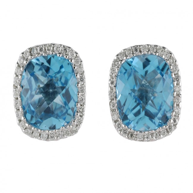 14K White Gold Semi precious Cushion Blue Topaz and Diamond Earrings