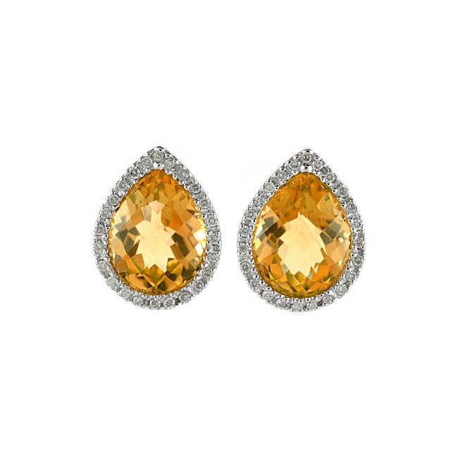 14K White Gold 9x11 mm Pear Citrine and Diamond Earrings