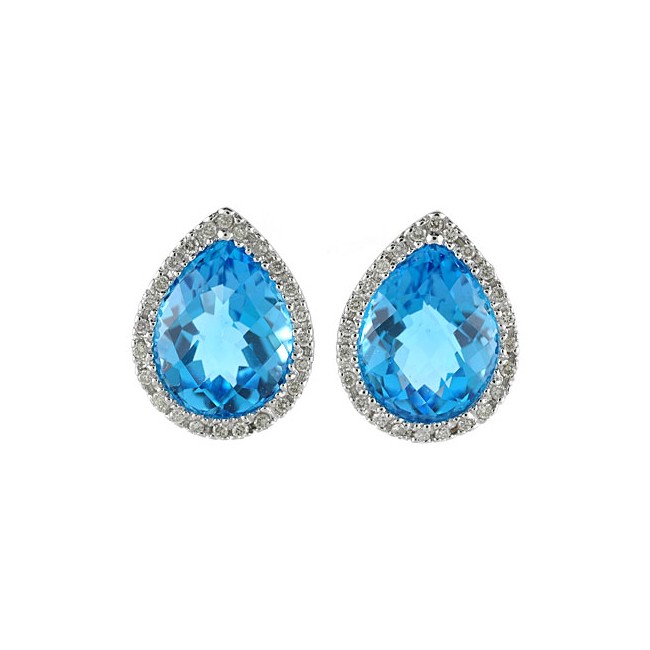 14K White Gold 9x11 mm Pear Blue Topaz and Diamond Earrings