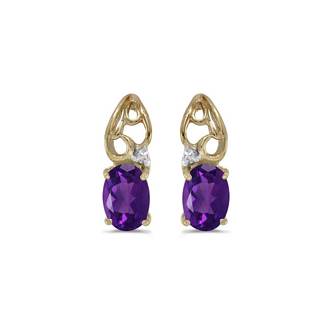 14k Yellow Gold Oval Amethyst And Diamond Earrings