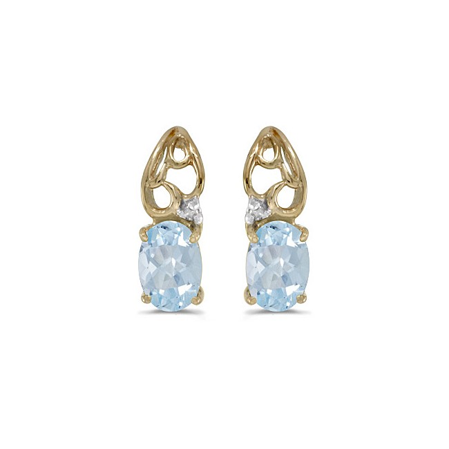 14k Yellow Gold Oval Aquamarine And Diamond Earrings