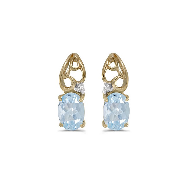 14k Yellow Gold Oval Aquamarine And Diamond Earrings