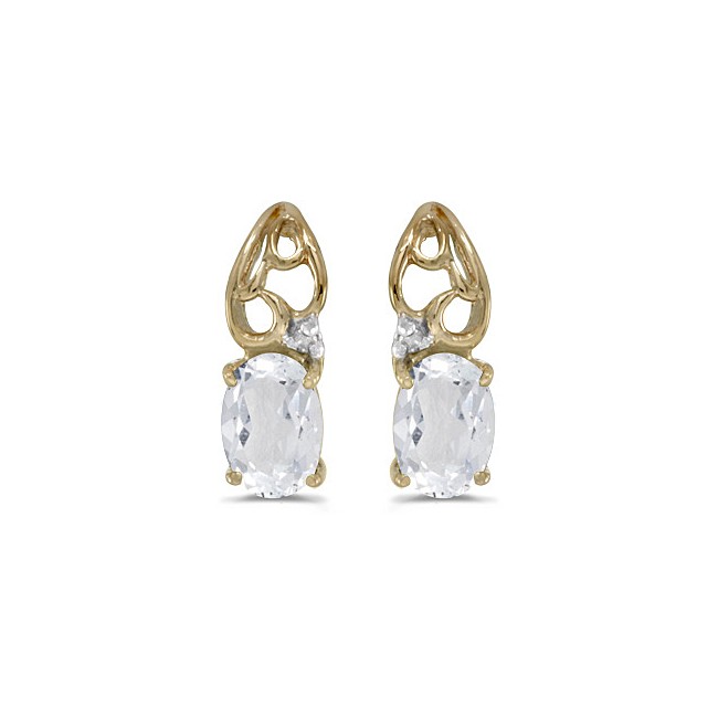 14k Yellow Gold Oval White Topaz And Diamond Earrings