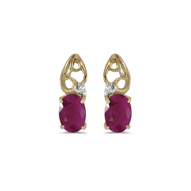 14k Yellow Gold Oval Ruby And Diamond Earrings