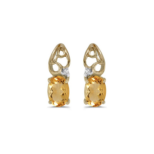 14k Yellow Gold Oval Citrine And Diamond Earrings