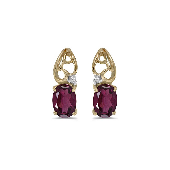 14k Yellow Gold Oval Rhodolite Garnet And Diamond Earrings