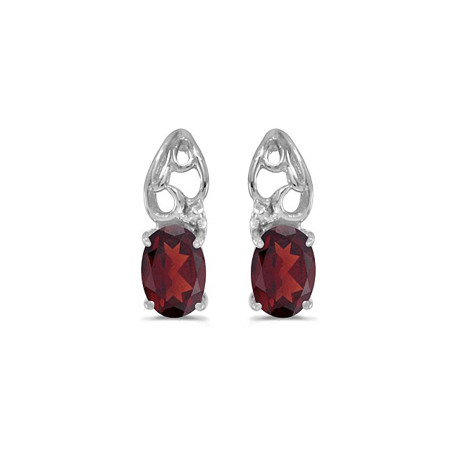 14k White Gold Oval Garnet And Diamond Earrings