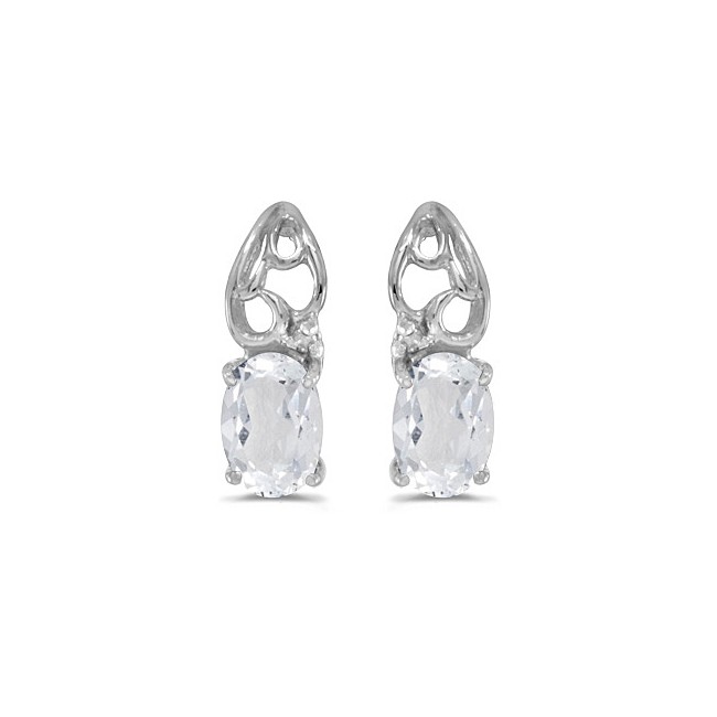 14k White Gold Oval White Topaz And Diamond Earrings
