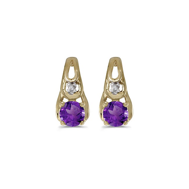 14k Yellow Gold Round Amethyst And Diamond Earrings
