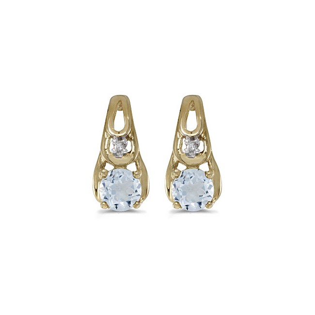 14k Yellow Gold Round Aquamarine And Diamond Earrings