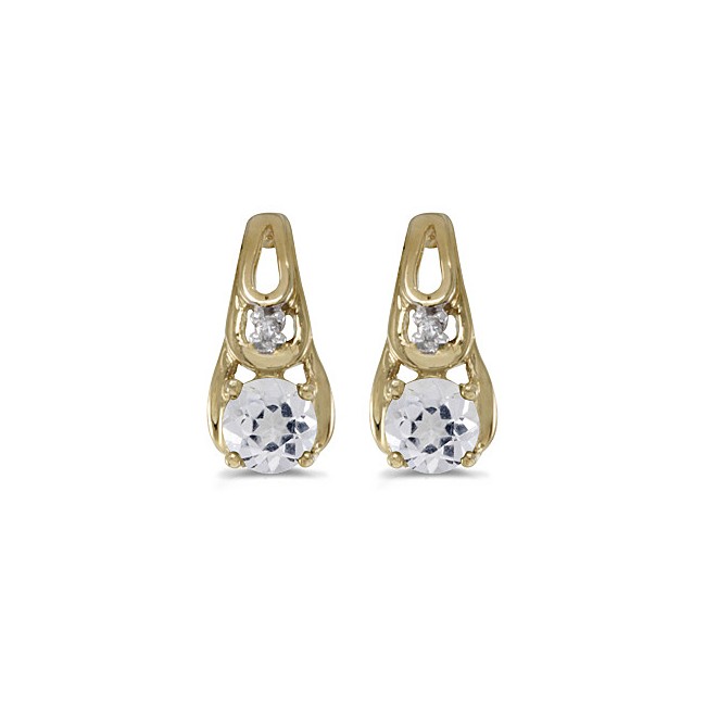 14k Yellow Gold Round White Topaz And Diamond Earrings