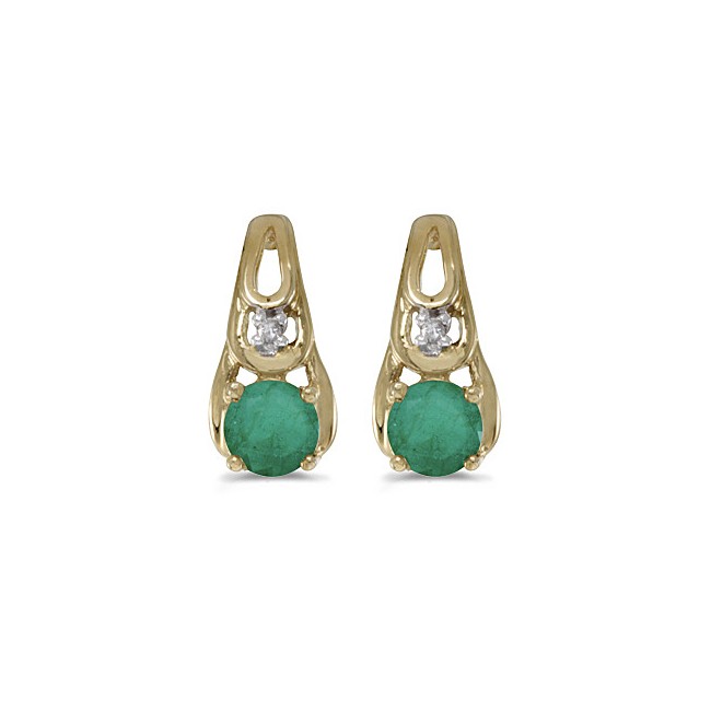 14k Yellow Gold Round Emerald And Diamond Earrings