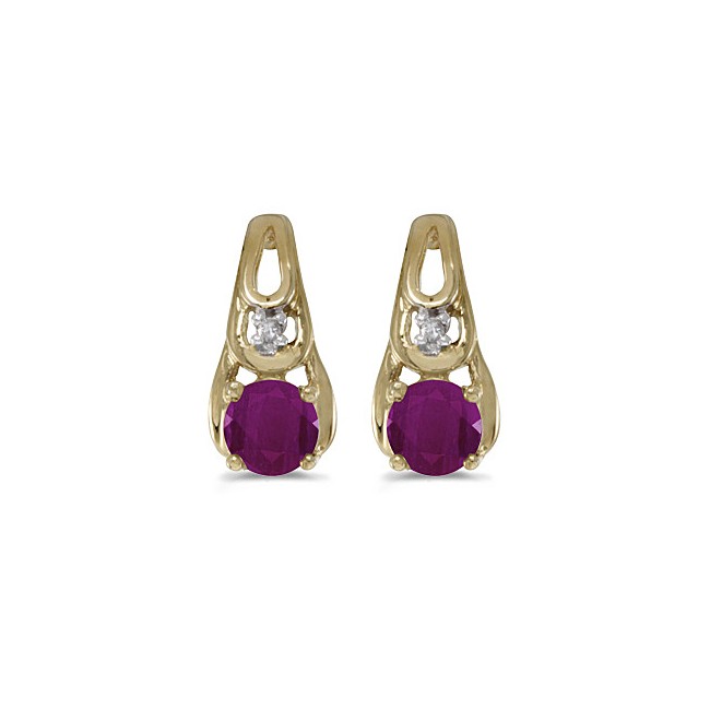 14k Yellow Gold Round Ruby And Diamond Earrings