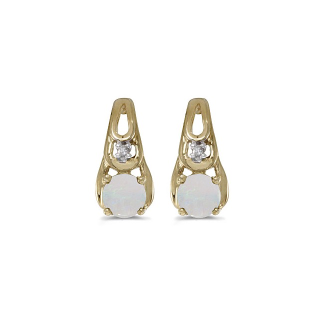 14k Yellow Gold Round Opal And Diamond Earrings