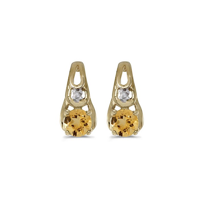 14k Yellow Gold Round Citrine And Diamond Earrings