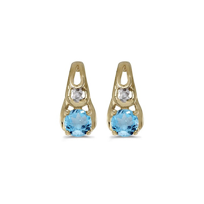 14k Yellow Gold Round Blue Topaz And Diamond Earrings