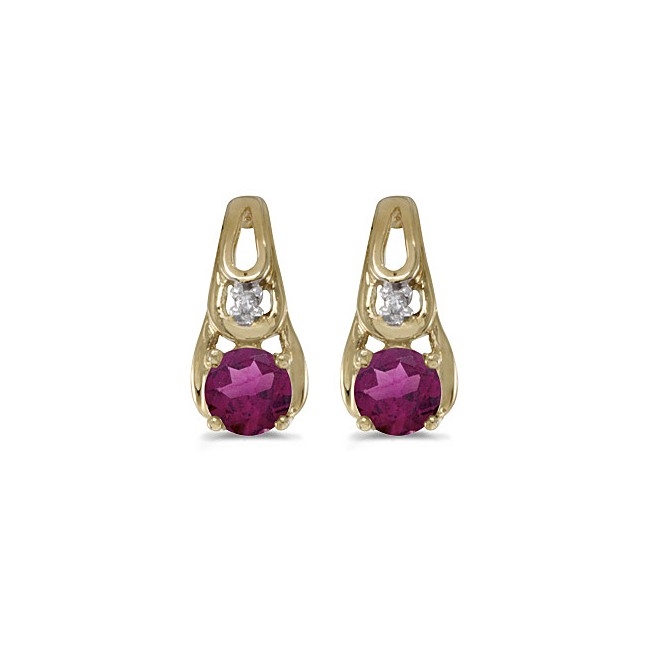 14k Yellow Gold Round Rhodolite Garnet And Diamond Earrings