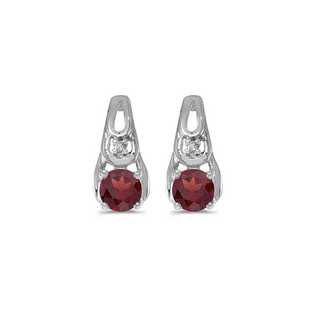 14k White Gold Round Garnet And Diamond Earrings