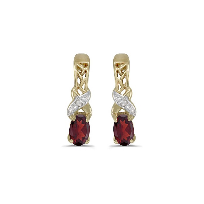 14k Yellow Gold Oval Garnet And Diamond Earrings