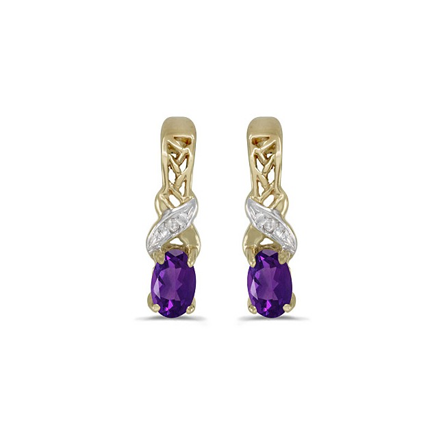 14k Yellow Gold Oval Amethyst And Diamond Earrings