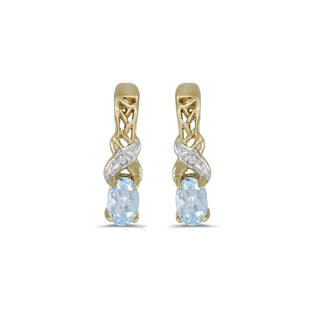 14k Yellow Gold Oval Aquamarine And Diamond Earrings