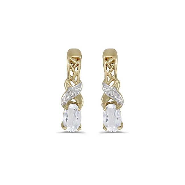 14k Yellow Gold Oval White Topaz And Diamond Earrings