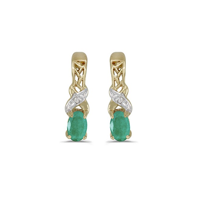 14k Yellow Gold Oval Emerald And Diamond Earrings