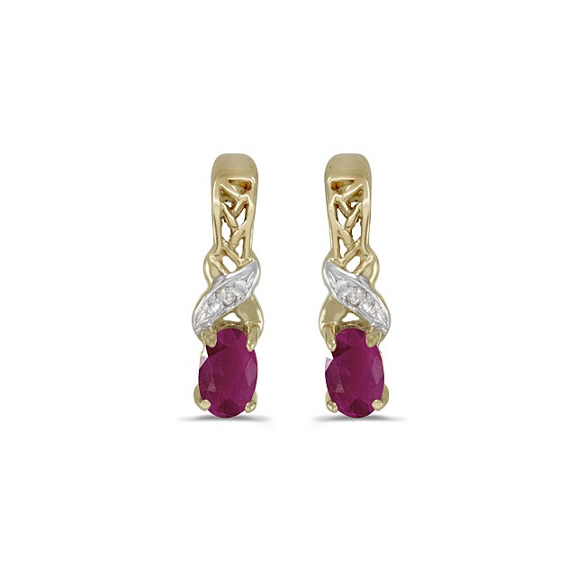 14k Yellow Gold Oval Ruby And Diamond Earrings