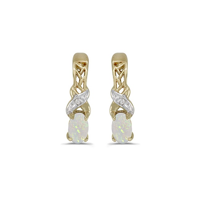 14k Yellow Gold Oval Opal And Diamond Earrings