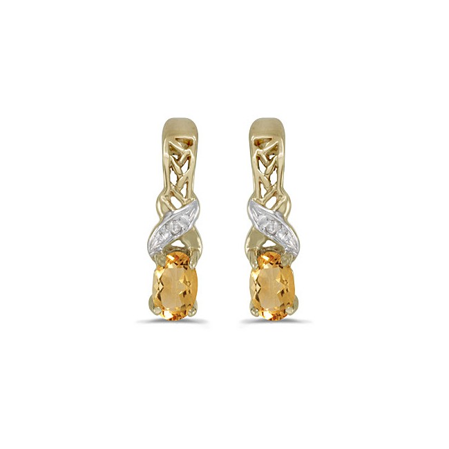 14k Yellow Gold Oval Citrine And Diamond Earrings