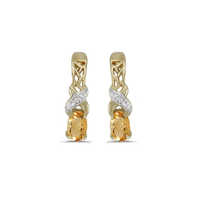 14k Yellow Gold Oval Citrine And Diamond Earrings