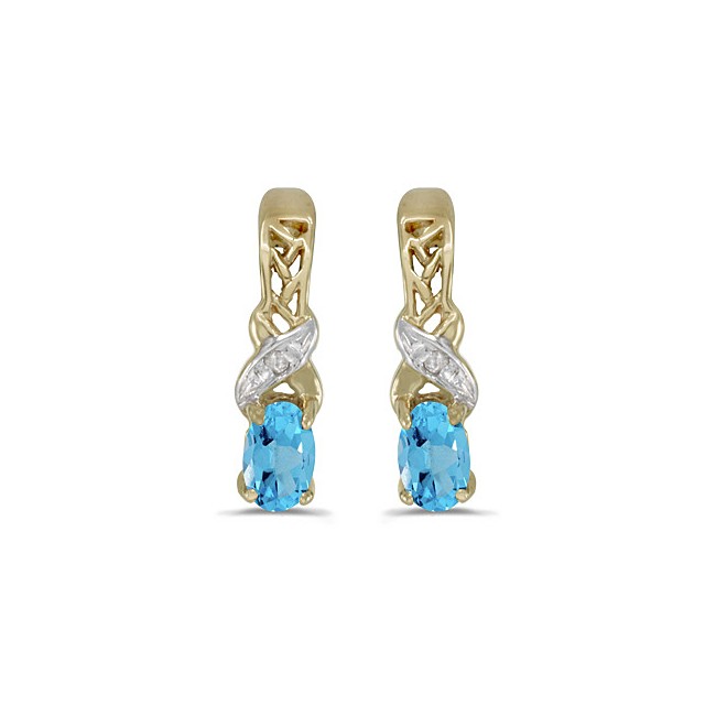 14k Yellow Gold Oval Blue Topaz And Diamond Earrings