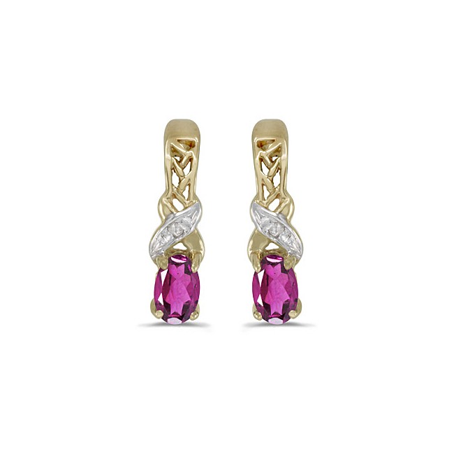 14k Yellow Gold Oval Pink Topaz And Diamond Earrings