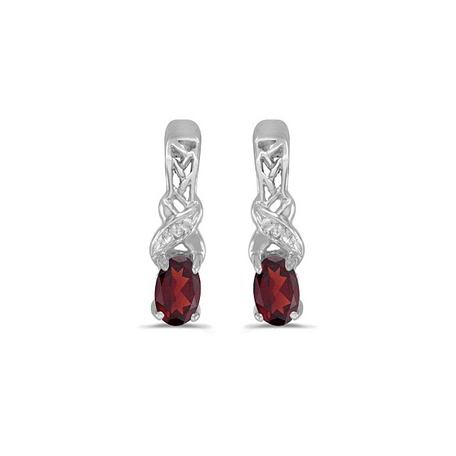 14k White Gold Oval Garnet And Diamond Earrings