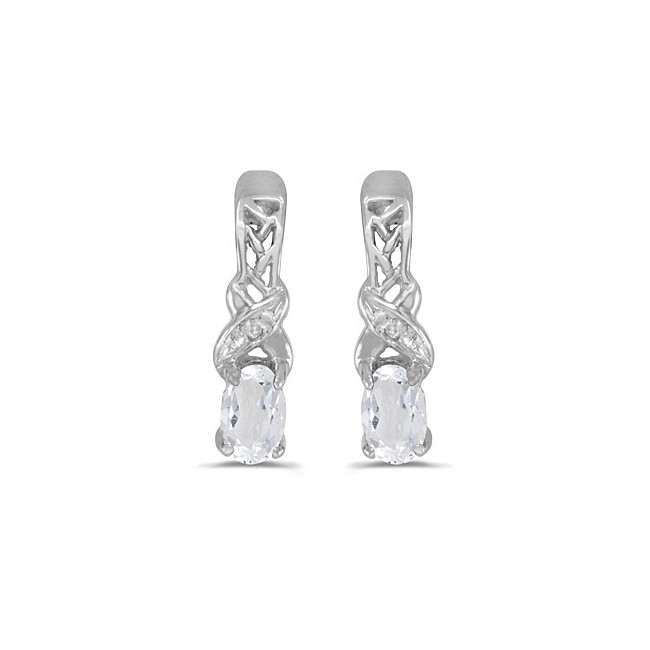 14k White Gold Oval White Topaz And Diamond Earrings