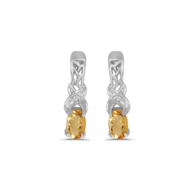 14k White Gold Oval Citrine And Diamond Earrings