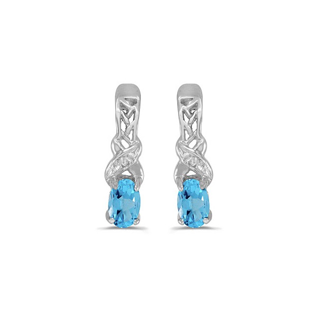 14k White Gold Oval Blue Topaz And Diamond Earrings
