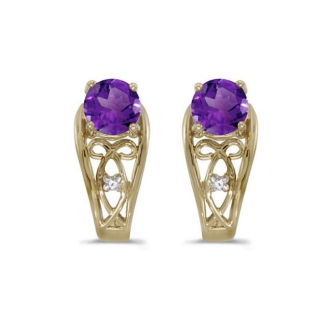 14k Yellow Gold Round Amethyst And Diamond Earrings