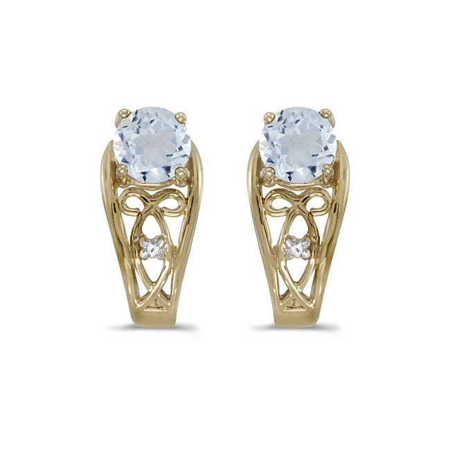 14k Yellow Gold Round Aquamarine And Diamond Earrings