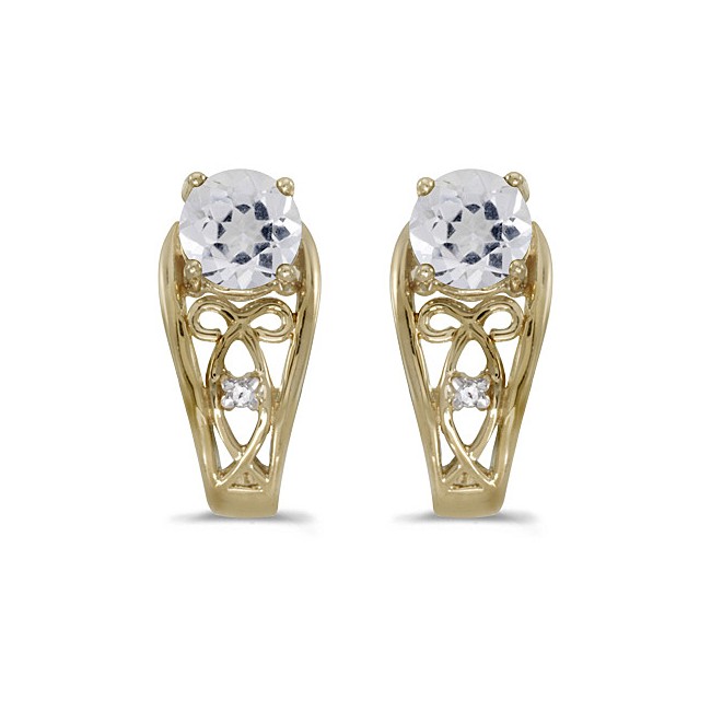 14k Yellow Gold Round White Topaz And Diamond Earrings