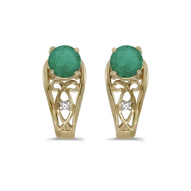 14k Yellow Gold Round Emerald And Diamond Earrings