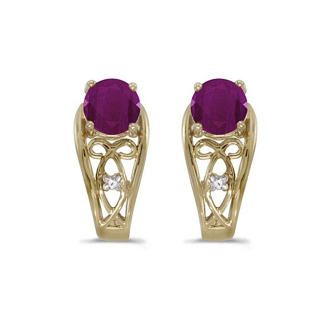 14k Yellow Gold Round Ruby And Diamond Earrings